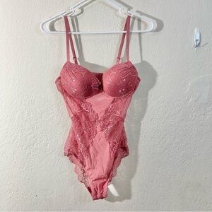 Women's Lace One Piece Teddy Lingerie Women Size Large Pink Padded Sleepwear